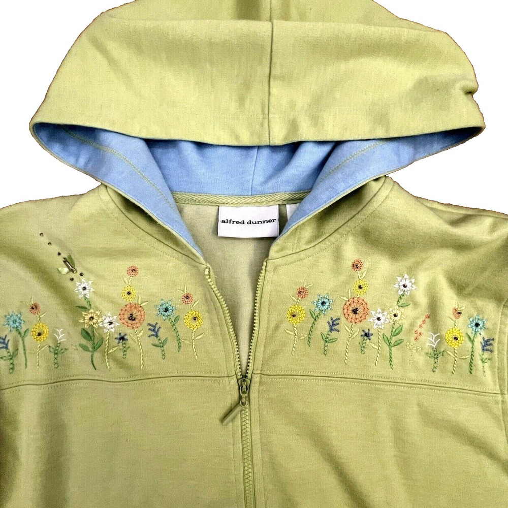 Alfred Dunner Womens Sz 12‎ Jacket Llightweight Knit Embroidered Floral Hood Zip